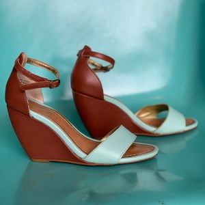 Seychelles camel & turquoise wedge sandals